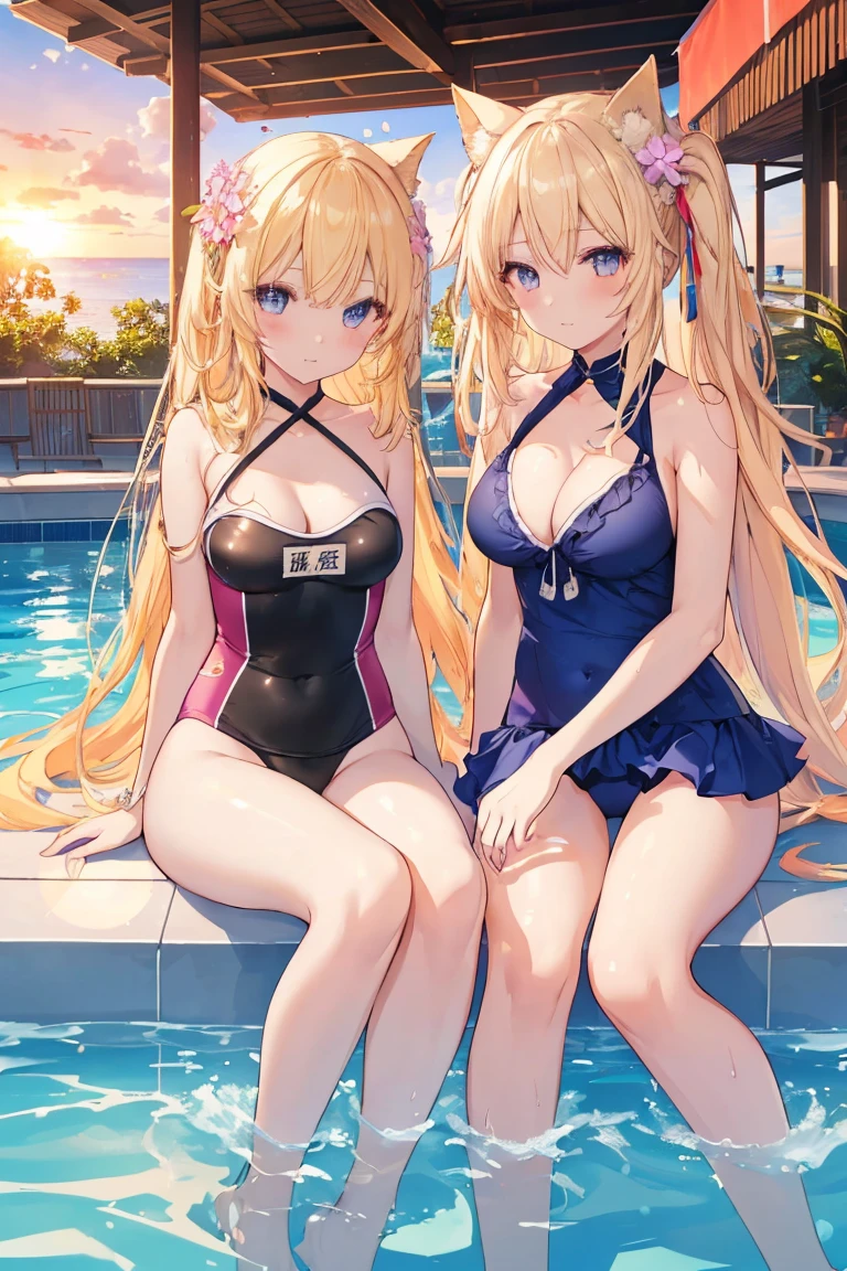 (Two Girls, Stylish long blonde hair, color, 詳細な紫colorの目, Sparkling Eyes, Heart Pupil, Girl student age), E Brest, Cleavage, Cute Sleeping, Ears and tail of the animal, (Sexy and beautiful swimwear, Floral swimsuit, In a hotel pool, drinking, Soak your feet in water), hot, The sea in the background, sunset, Abusing lens flares, color収差, Attention to detail, anime, About Art, Depth of written boundary, Motion Blur, Shining Light, Film Grain, 超High resolution, retina, Accurate, masterpiece, Anatomically correct, Textured skin, Super Detail, Attention to details, high quality, Awards, 最high quality, High resolution, 16K, (Camera angle: Wide-angle)