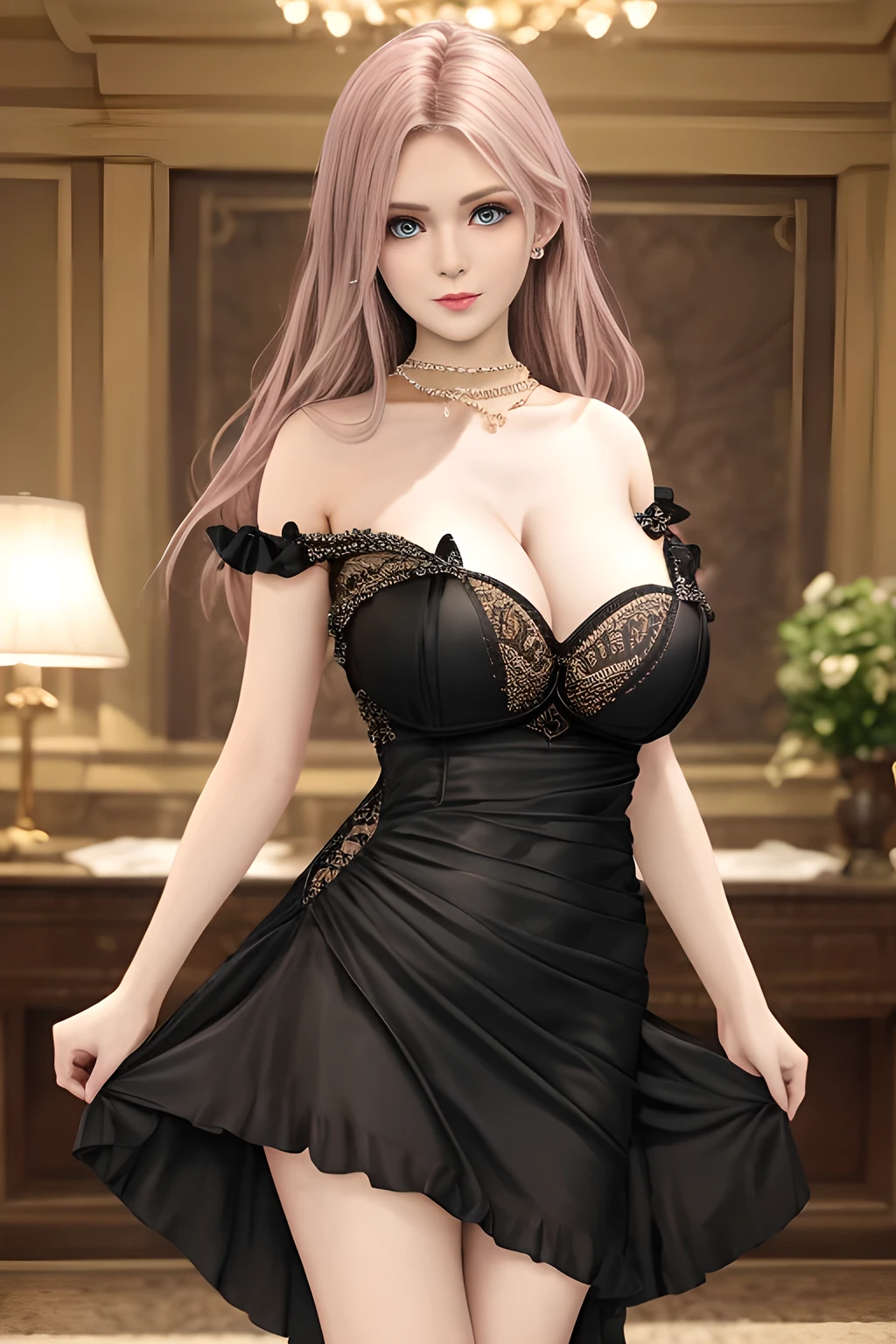 1girl is wearing an elegant black strapless dress. The perspective-dress is beautifully designed with ruching on the bodice and a cascading ruffled asymmetrical hem, adding a playful and chic touch to the outfit. The person is standing upright, with one hand gently touching their leg and the other hand relaxed by their side. The background is plain and neutral, drawing attention to the dress itself. The lighting is soft, highlighting the details of the dress and creating a fashionable and stylish atmosphere,, huge breasts, elise