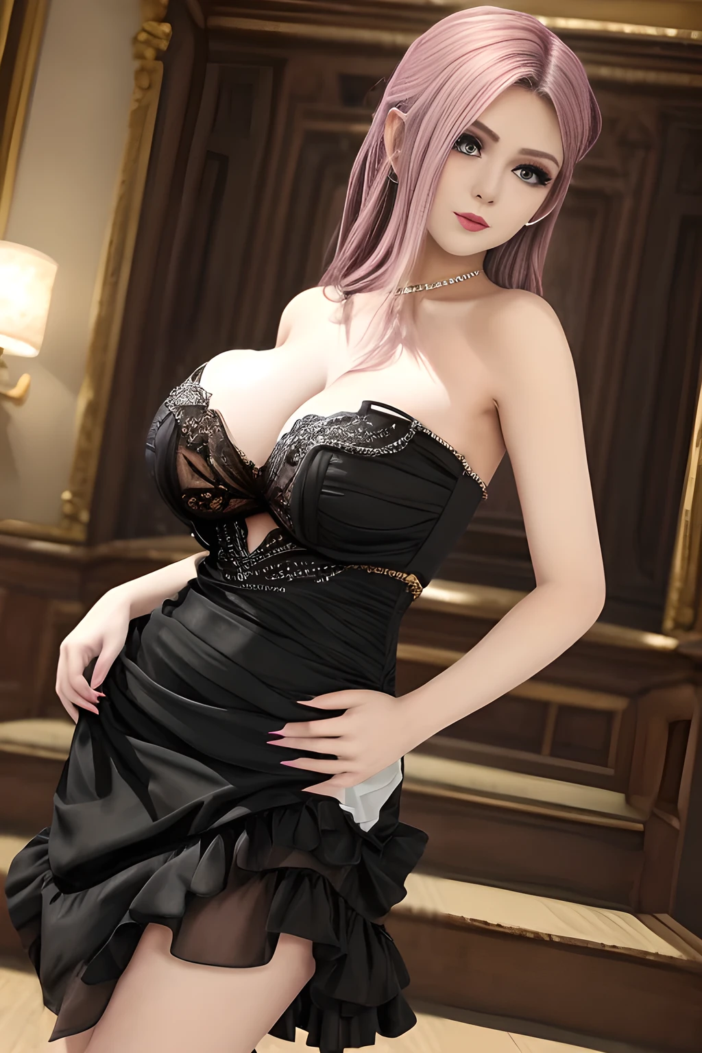 1girl is wearing an elegant black strapless dress. The perspective-dress is beautifully designed with ruching on the bodice and a cascading ruffled asymmetrical hem, adding a playful and chic touch to the outfit. The person is standing upright, with one hand gently touching their leg and the other hand relaxed by their side. The background is plain and neutral, drawing attention to the dress itself. The lighting is soft, highlighting the details of the dress and creating a fashionable and stylish atmosphere,, huge breasts, elise