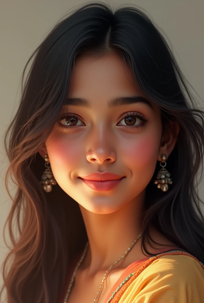 A most beautiful realistic Indian girl with a fair complexion and a warm, radiant glow. Her face has a gentle oval shape, framed by soft, flowing hair that cascades just below her shoulders. Her most striking feature is her round nose, which adds a unique and endearing charm to her overall look. She has deep brown, almond-shaped eyes that sparkle with warmth and intelligence, framed by naturally thick lashes and well-groomed eyebrows. Her full, rosy lips form a natural smile that lights up her face, exuding a blend of beauty and approachable charm