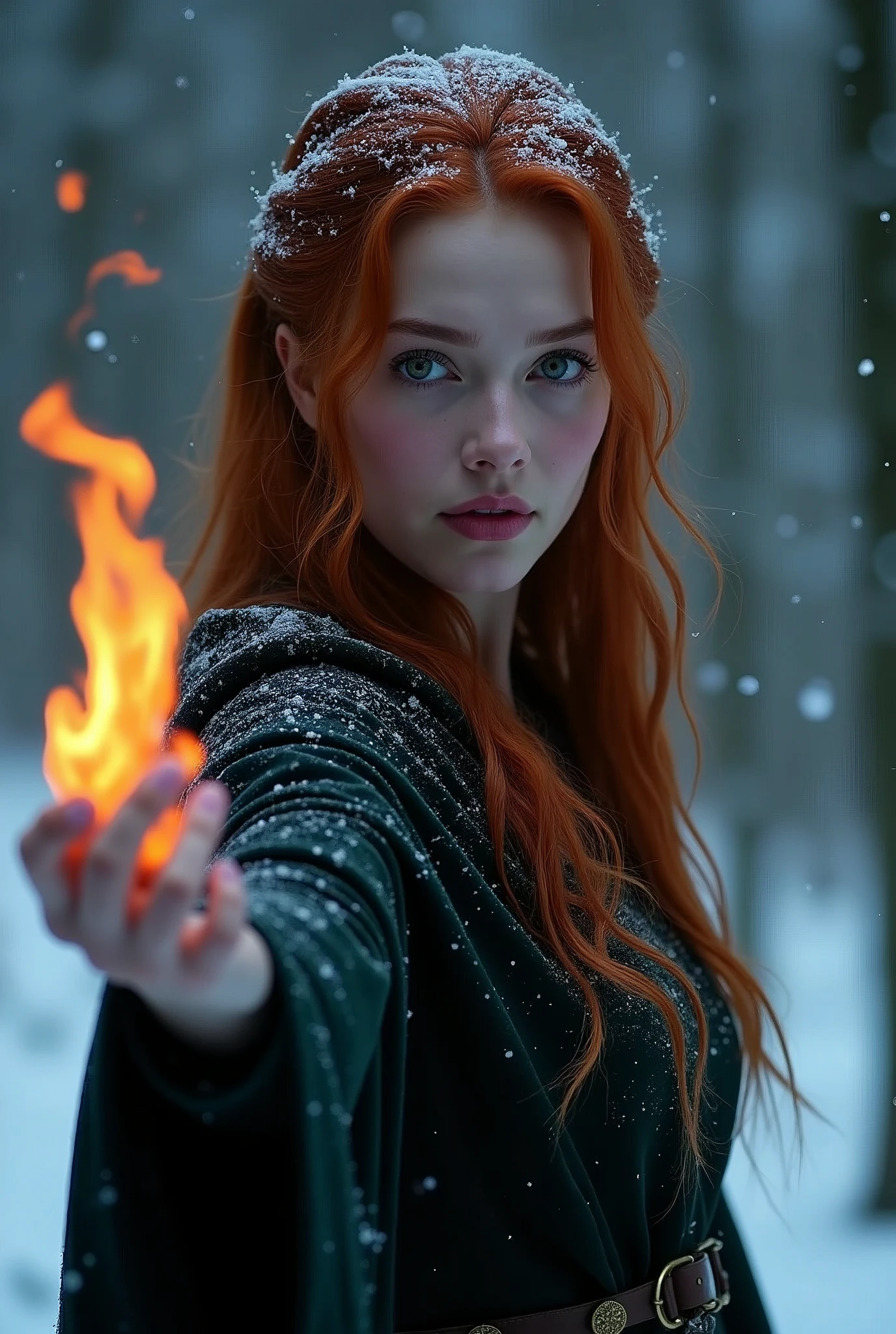 20 years old, break, 8K, Best Quality, 1girl, (skindentation), Night, (Dark), frozen forest behind, blizzard behind, Gorgeous, (Middle-earth, sexy sorceress clothes), Soft Lighting, Attractive, (Mouth Closed, Beautiful Eyes, Detailed Eyes, Detailed Iris, Beautiful Lips, Beautiful Nose, Beautiful Face), full body casting a spell, snowing, dark night, winter, Lina Inverse, fire spell, redhead.
