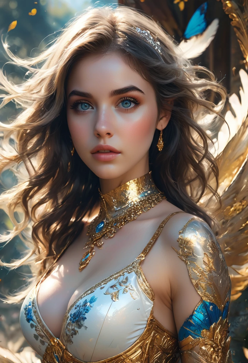 (raw photo, Best Quality), (realist, Photo realist: 1:3, Best Quality, Very detailed, masterpiece, Hyperdetail, illustration, 1 girl, caucasian, dynamic angle, World masterpiece, disordered_hair, Best Quality, CG Unity 8k wallpaper, caucasian perfect body, full shot photography, Woman 25 years old, amazon, , White skin, pink skin, WITHOUT IMPERFECTIONS, smooth skin, (perfect), ojos Very detaileds, (Intricate), big and bright eyes, (ice blue eyes), perfect eyes eyes, (build ), Carry (solid gold lingerie) as part of herself, Her body is adorned with jewels that make her look like a goddess., In the background you can see the jungle and a semi-futuristic lost city, (build), cara perfect, innocent face, beautiful, perfect body, hourglass body, sensual body, medium tits, natural, perfects, big and shapely hips, thick and firm thighs, mesomorphic body, some tattoos, short and brown hair, crespo, It is a full shot capture, ((full shot photo))