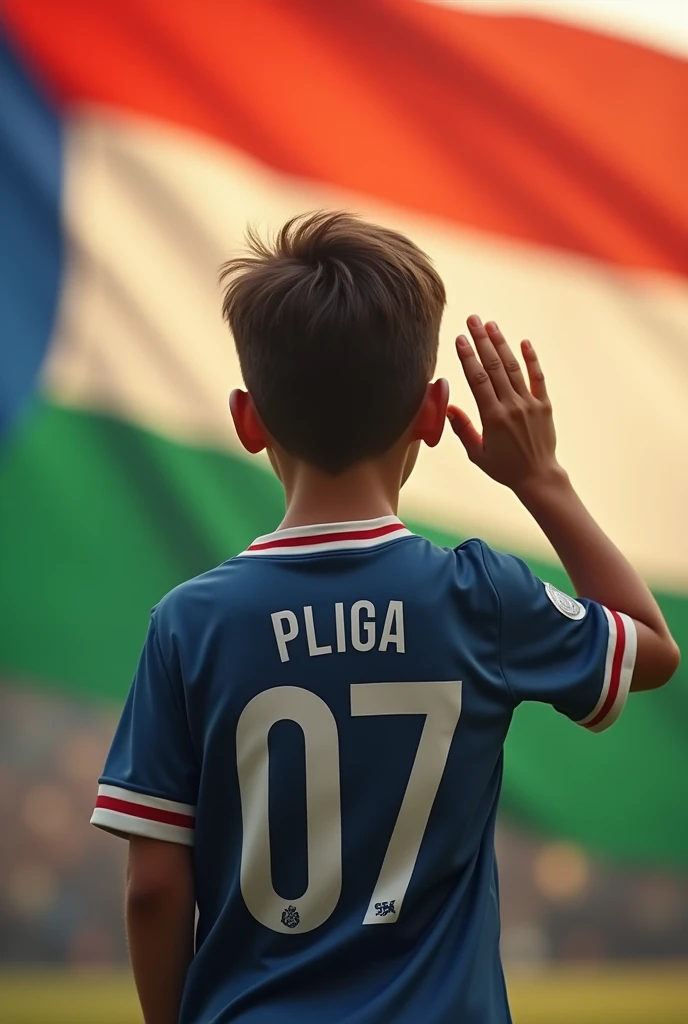 (photorealism:1.2), 
Make a photo in which a boy is saluting facing the tricolor and his jersey number will be along with it, the name of the jersey will vaish and the tricolor will be in front, in the background it will be  vaish and the tricolor will be there Jersey in independent Dey printed and Jersey number 07 back ground name vaish
