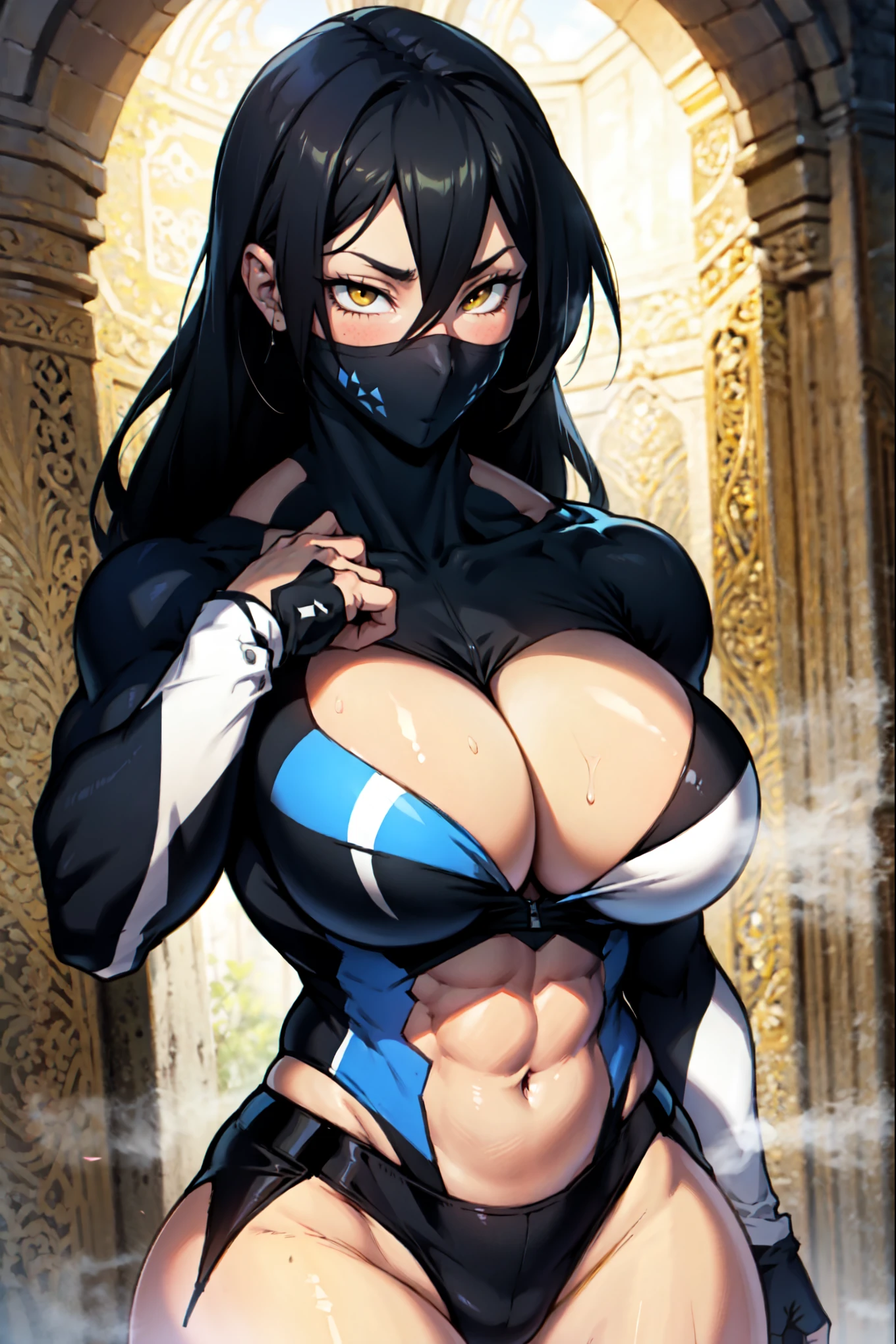 empty eyes embarrassed girl female huge breasts breasts pale skin 1girl muscular toned body huge breasts thick thighs black hair yellow eyes bodybuilder