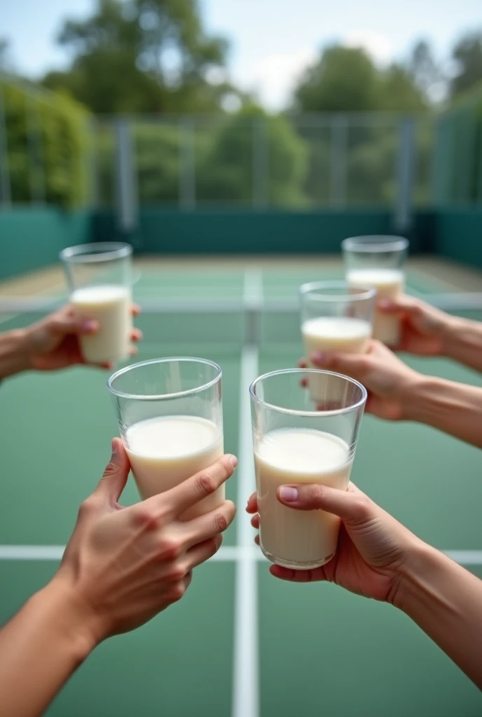 Tennis court background,Several people hold square boxes of milk and raise their glasses together,Photography