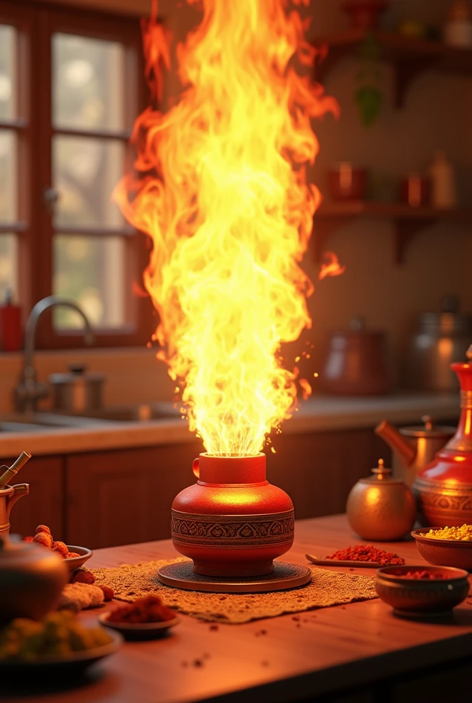 In a kitchen a indian gascylinder is blasting, animation 3D 4k picture 