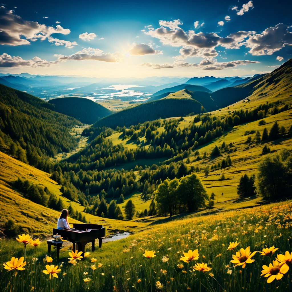 playing piano in a colorful nocturne mountain with flowers, HD