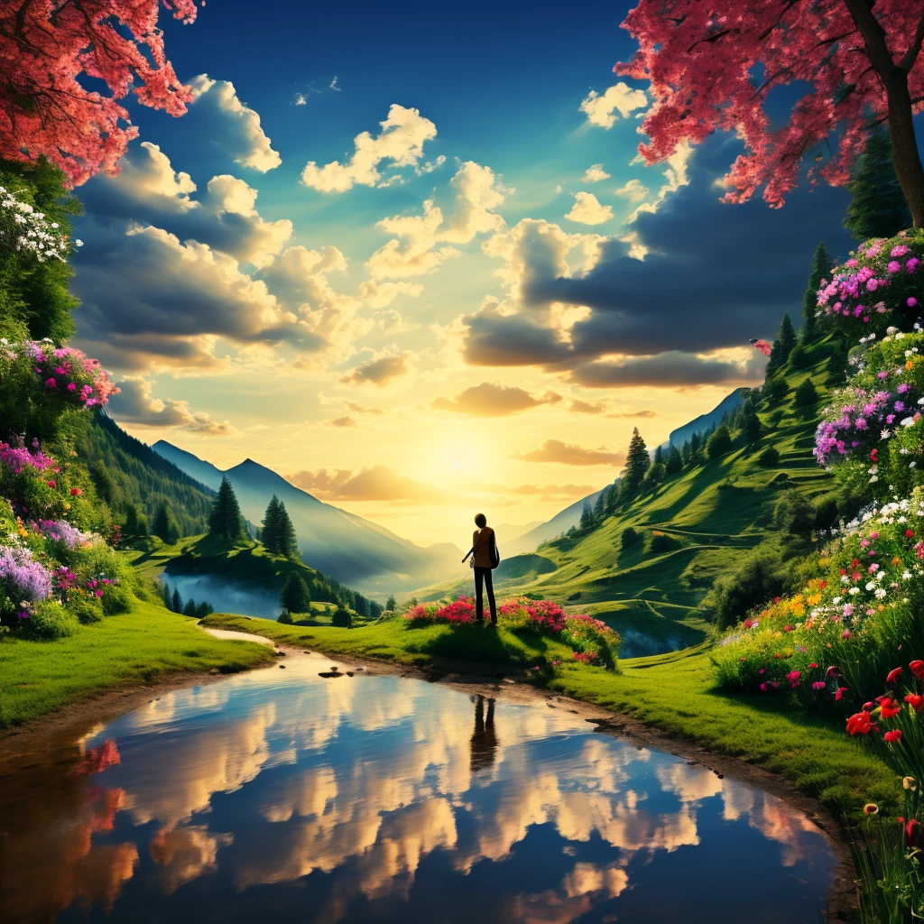 playing piano in a colorful nocturne mountain with flowers, HD