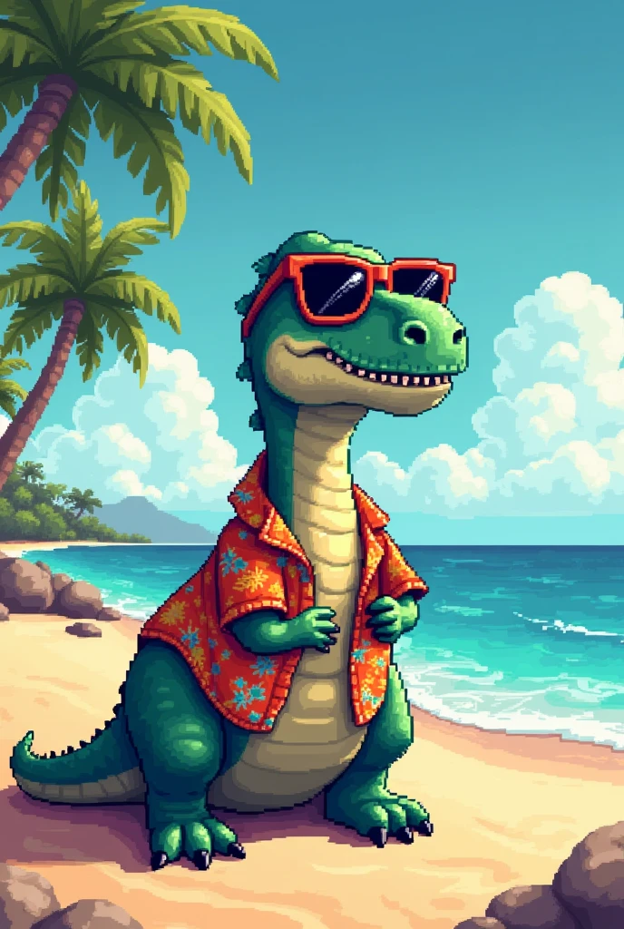 Pixel art of a dinosaur wearing sunglasses on the beach and a Hawaiian shirt