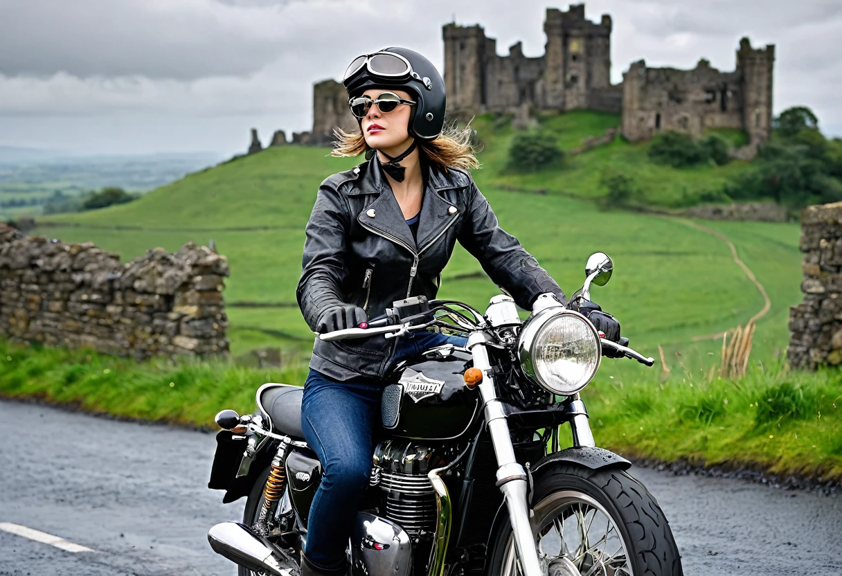 (Ride a classic motorcycle )、(Vintage Bikes、Triumph)、Isle of Man Races、(Souvenir photo of beautiful female rider)、(Black Leather Jacket)、Cromwell helmet with goggles、After the Rain、English countryside、The ruins of an old castle can be seen in the distance、 Detailed Description、(Highest quality, masterpiece, High resolution)、8k、wallpaper