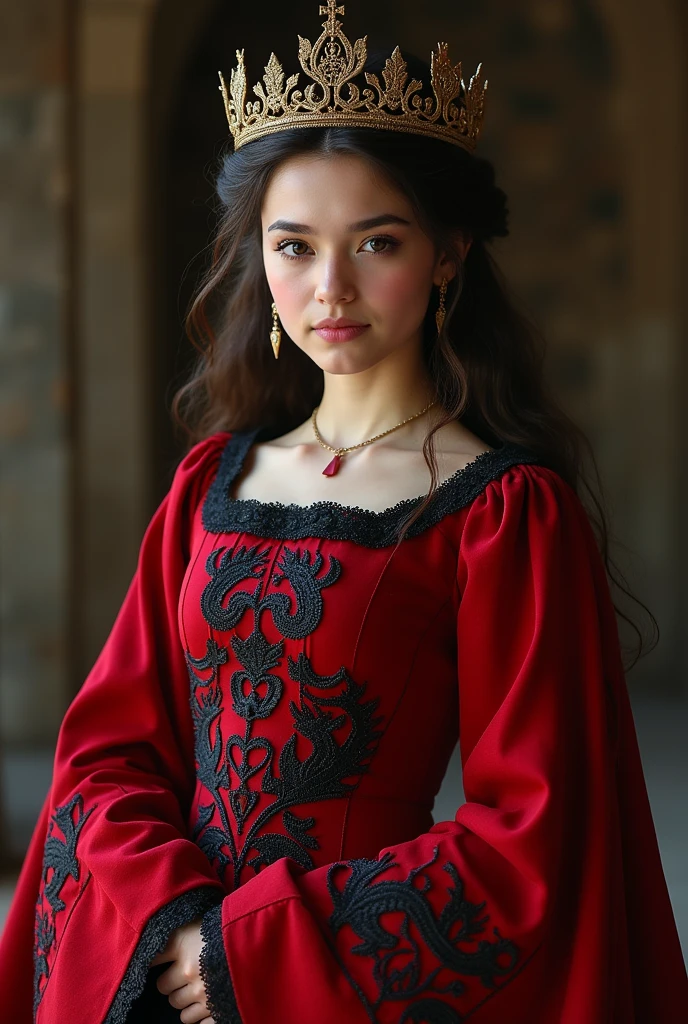 medieval princess with dark brown hair and dark eyes, clad in a regal red dress with black embroidery in dragon patterns. She also wears a crown with dragon design