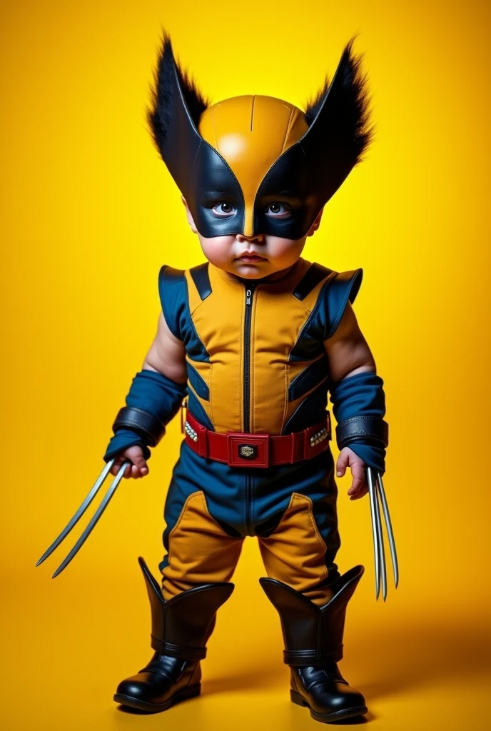 high resolution、Superior image quality、Top-notch image quality、Maximum quality、in 8K、real live action、realisitic、Raw photo、Masterpiece artwork、tabletop、professional lighting、realisitic background、((2 years))、standing、、cute (fantasia de fantasia de wolverine da marvel))、、, face and head with mask、mascara 、((closing the eye)), ((work of art), (best qualityer), (CRU photo), (fotorrealisitic:1.4), Foto altamente realisitic, Portrait of a baby, 1 year old, mascara wolverine, glare eyes, wearing a marvel wolverine costume, detailed clothing, The light from above shines down, (yellow backdrop), photo taken in 1975 by Fujifilm XT3