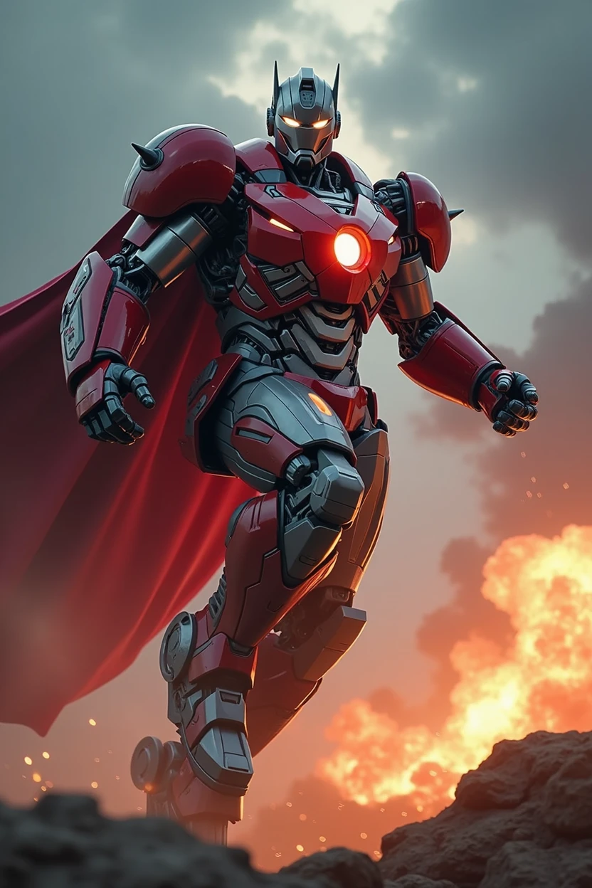 Batman iron man. Superman. Ultraman Red white armor. Mediva concept. Samurai Optimus Prime, robot warrior, leaping against dark cloudy sky, intense battle background, dynamic explosion effects, cinematic lighting, highly detailed, 8K, (best quality,4k,8k,highres,masterpiece:1.2),ultra-detailed,(realistic,photorealistic,photo-realistic:1.37),epic action scene,dramatic pose,intricate mechanical design,glowing energy,sparks,dust,devastation,cinematic angle,dramatic lighting