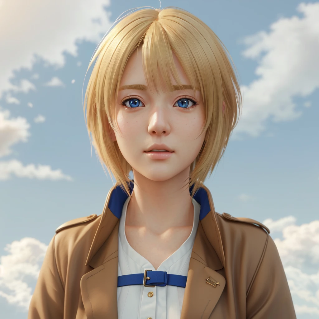 Blonde with blue eyes、Girl in brown jacket, Anime CG style, Photorealistic Animation girl render, Anime CG, Realistic Anime 3D Style, Ultra realistic anime, 3D Anime Real, Photorealistic Animation, 8K Portrait Rendering, Anime Realism style, Cute 3D anime girl render, Anime Realism, Smooth anime CG art, Realistic young anime girl