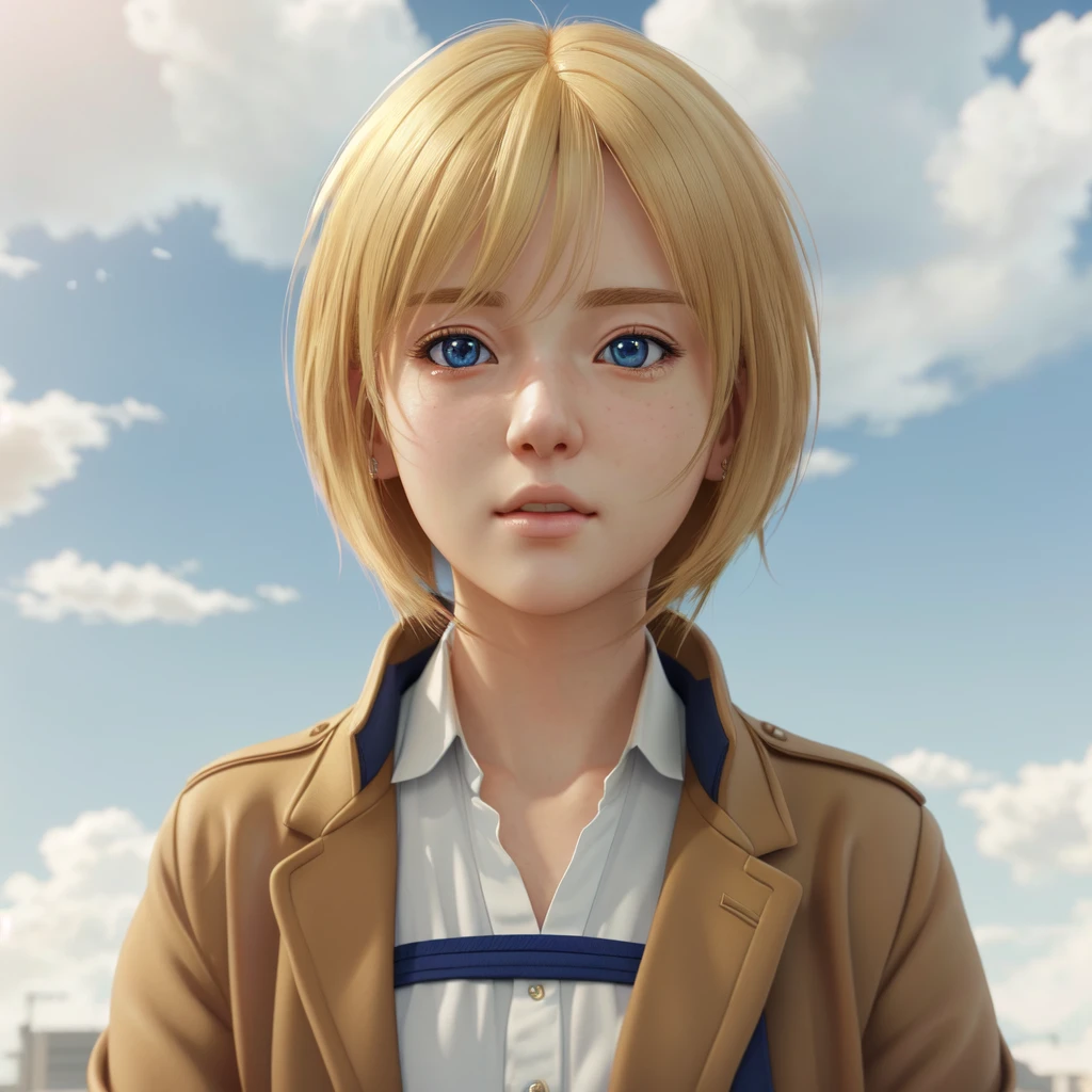 Blonde with blue eyes、Girl in brown jacket, Anime CG style, Photorealistic Animation girl render, Anime CG, Realistic Anime 3D Style, Ultra realistic anime, 3D Anime Real, Photorealistic Animation, 8K Portrait Rendering, Anime Realism style, Cute 3D anime girl render, Anime Realism, Smooth anime CG art, Realistic young anime girl