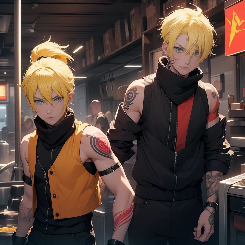 (26 years old), (male), Yellow hair, (Blue eyes), (wavy Short hair), (((Tattoed Face))), Black scarf, red vest, sleeveless, black pants, black gloves, slim, up to legs