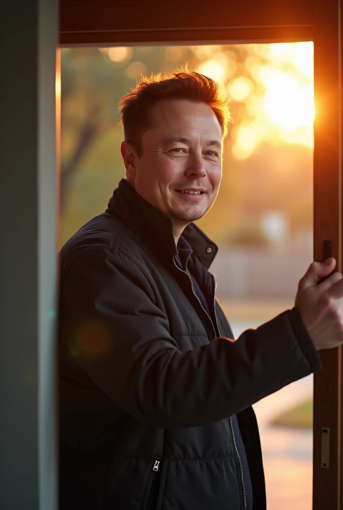 Elon Musk opening the door of his house early in the morning, with the first rays of the sun of the day falling on your face. He has a confident expression, inspired, creative.