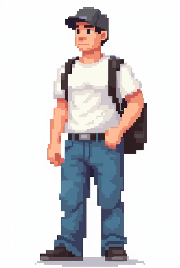 pixel,pixel art,２０Early 20s,male,Slim and muscular,whiteＴshirt,Blue jeans,cap,Ruck sack