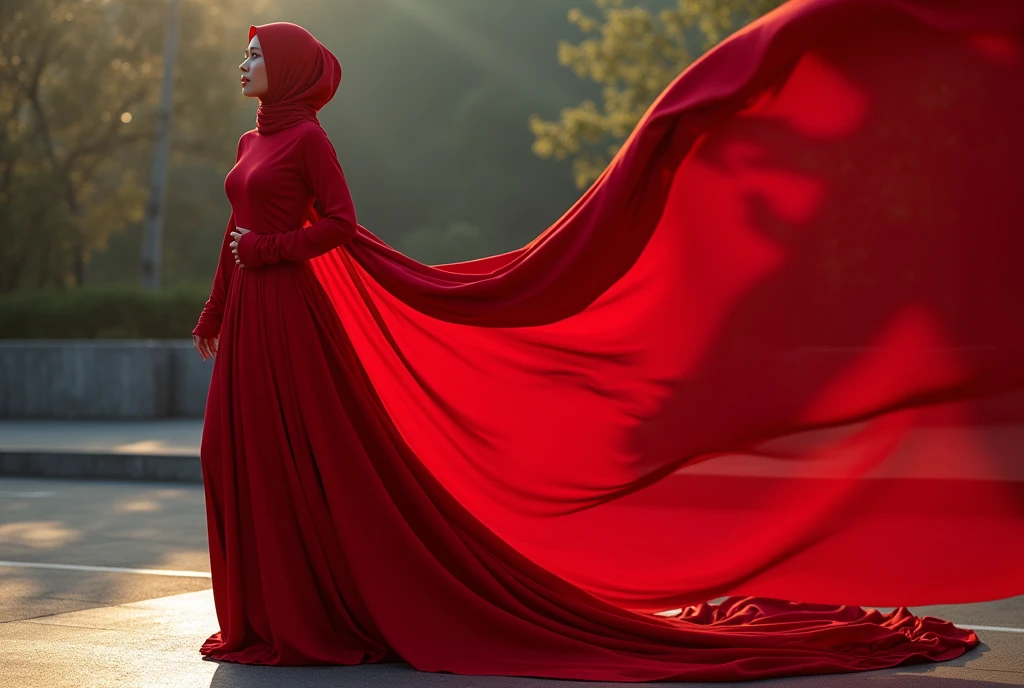 Asian woman in red satin long gown, wear modern hijab, mermaid-style, fabric clings tightly, immobile, full-body encapsulation, entirety of fabric about 7 meters in length trailing dramatically, overlong satin train, extreme detail on the texture of the satin, highlighting its reflective quality, cinched at the ankle, sexy random pose outdoor, dramatic lighting, ultra realistic, high-resolution photography.