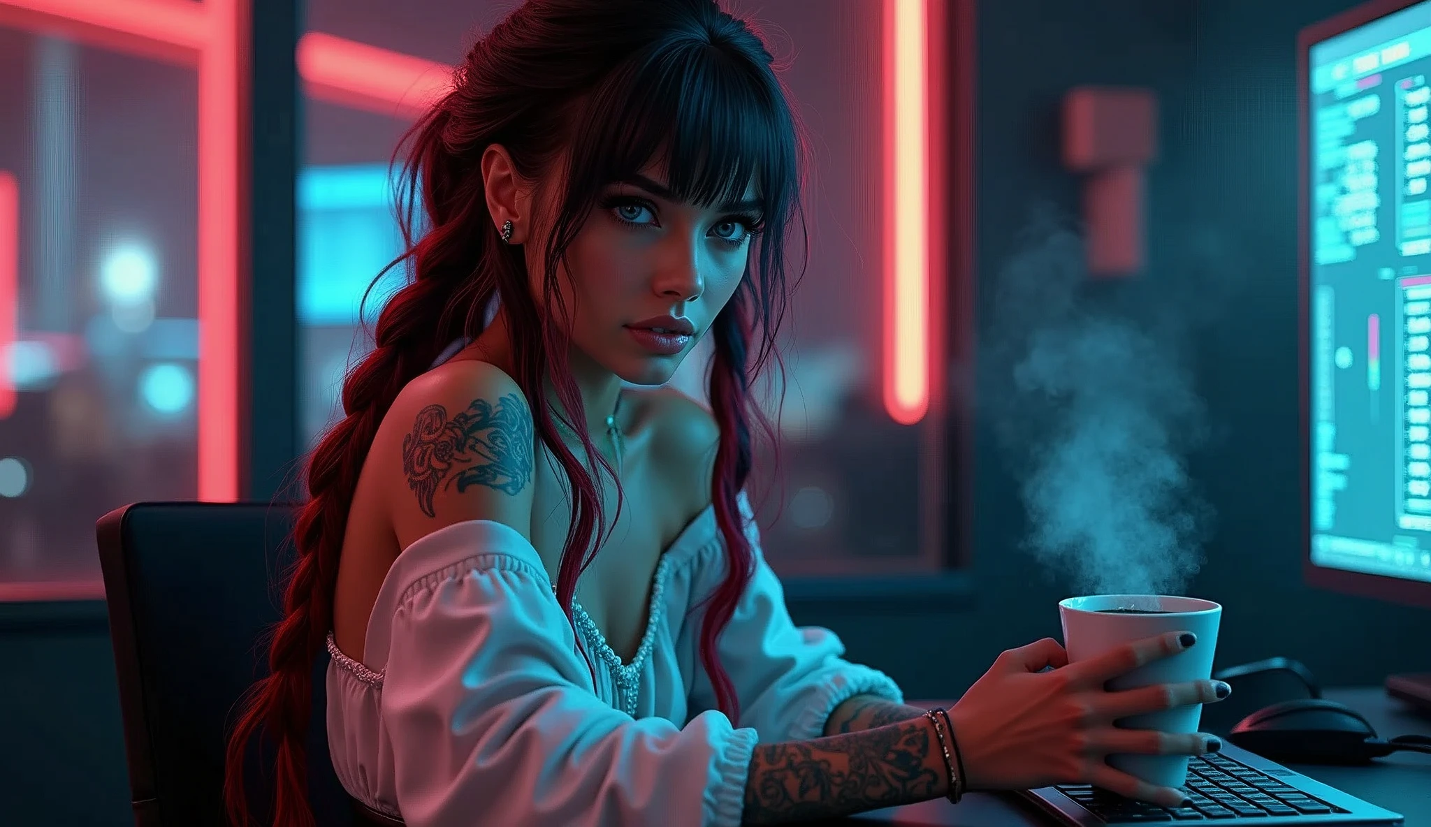 high quality, 8K Ultra HD,(photorealism:1.2),A stunning 26-year-old Caucasian woman with vibrant red streaks in her dark hair with braids and expressive blue eyes (0.6) sits in front of a sleek black desk, her white off-shoulder top and long black skirt a perfect blend of filigree details and cyberpunk flair. Her tanned skin glows under cinematic lighting as she flashes a vengeful smile,Neon lights illuminate the streaming room's dark atmosphere, while 32k ultra fine detail captures every intricate artwork masterpiece. The scene is set at f/2.8 with a 50mm lens, showcasing extreme realism and depth. holding a steaming mug of coffee glowing tattoos shimmering under dynamic lighting. looking smiling at the viewer, by Greg Rutkowski, by Alphonse Mucha
