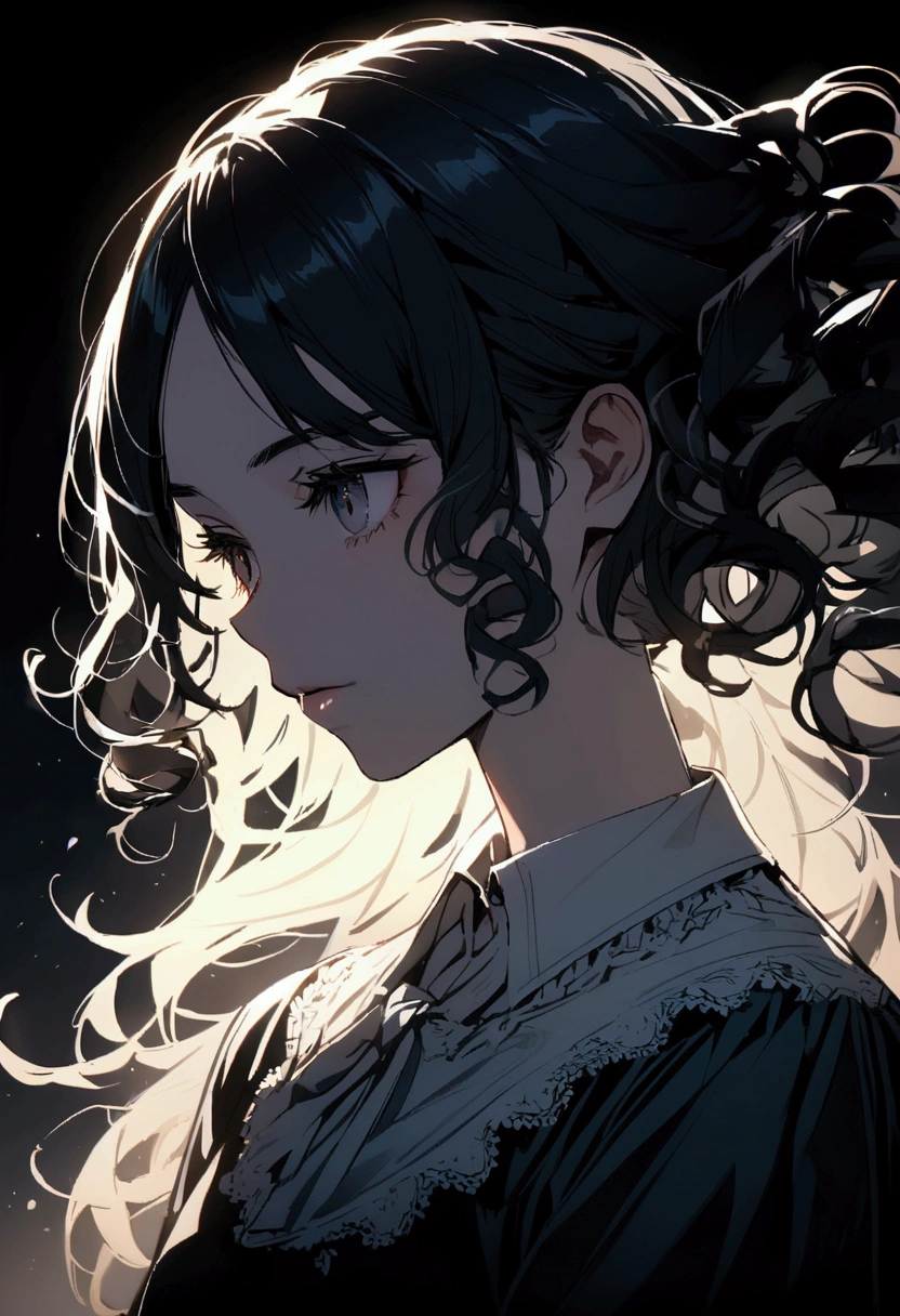 White skinned girl with short curly black hair 