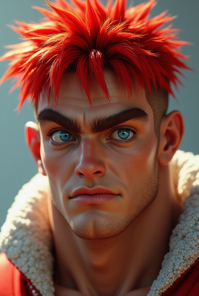 ((Best quality, 8k, Masterpiece: 1.3)), chibi, 3d, one piece, luffy, background, interior, gamer room, two computers, perfect lighting, (1boy), 25 years, upper body, portrait, perfect brown eyes, perfect face, perfect hair, red mohawk hair, degrade on the sides, short hair, detailed beard, red beard,