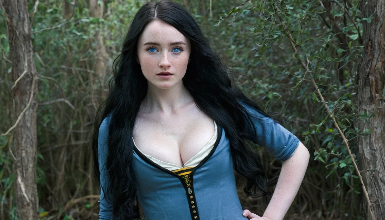 Caucasian woman 1.75 tall, light blue eyes, long black hair, pale skin and freckles, double E breasts, big butt. She is dressed as a harry potter.