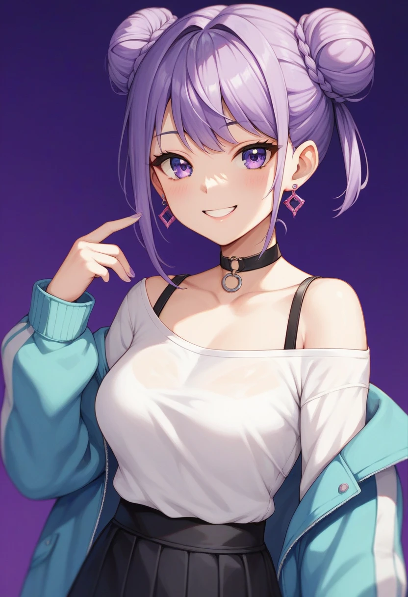 1 girl, hits, black choker, black Skirt, choker, double bun, earrings, parts, Bun, hand up, jacket, jewelry, by the wide, long sleeves, looking at the viewer, multicolor fur, off the shoulder, purple background, purple eyes, purple hair, shirt, Skirt, smile, Alone, white shirt