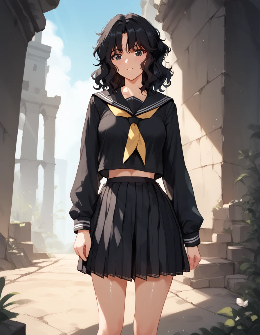 score_9, score_8_up, score_7_up, unaestheticXLv31, masterpiece, ultra-detailed, nsfw, Shiny skin, pretty eyes, BREAK, Black serafuku, long Sleeves, tanding,, kaoru tanamachi, black eyes, black hair, messy hair, ruins
