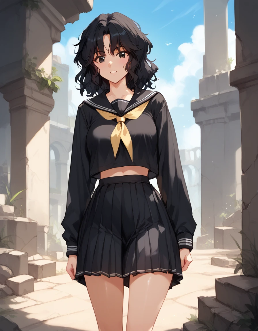 score_9, score_8_up, score_7_up, unaestheticXLv31, masterpiece, ultra-detailed, nsfw, Shiny skin, pretty eyes, BREAK, Black serafuku, long Sleeves, tanding,, kaoru tanamachi, black eyes, black hair, messy hair, ruins
