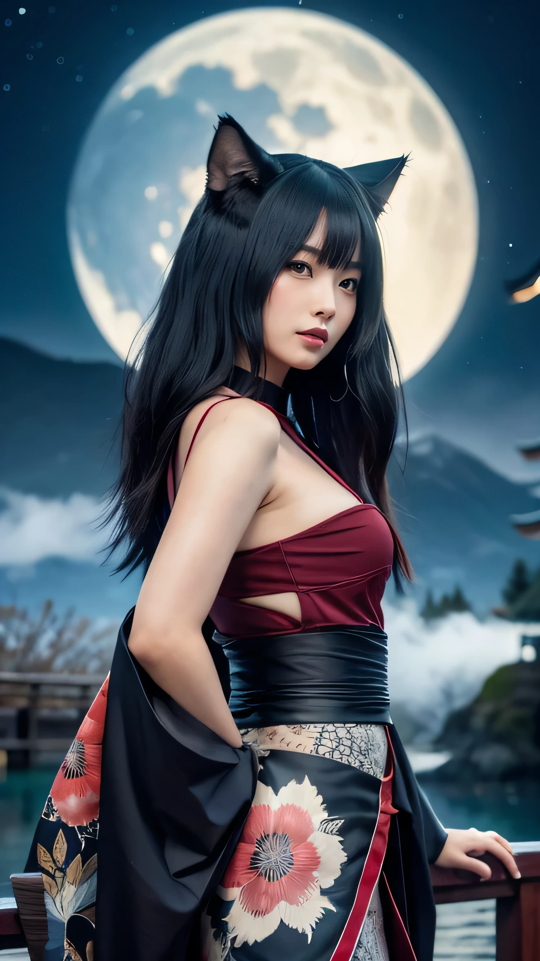 "Anthropomorphize Fenrir, the giant wolf from Norse mythology, into a Japanese girl while retaining her wolfish essence. She stands poised under the moonlight, her long, sleek black hair flowing like Fenrir's dark fur, framing her delicate yet fierce features. Her sharp, piercing eyes glow with a supernatural light, capturing both the primal power of the wolf and the grace of a Japanese beauty. Her skin is pale and smooth, with slightly elongated canines that hint at her wild origins. Dressed in a modern yet traditional Japanese attire, blending a stylish yukata with subtle, lupine details like fur-lined sleeves and a wolf motif obi, she exudes an aura of both elegance and untamed strength. The scene places her at the center, with a backdrop of a traditional Japanese landscape—misty mountains, a serene forest, and a torii gate—accentuating her as the commanding and enchanting focal point."
