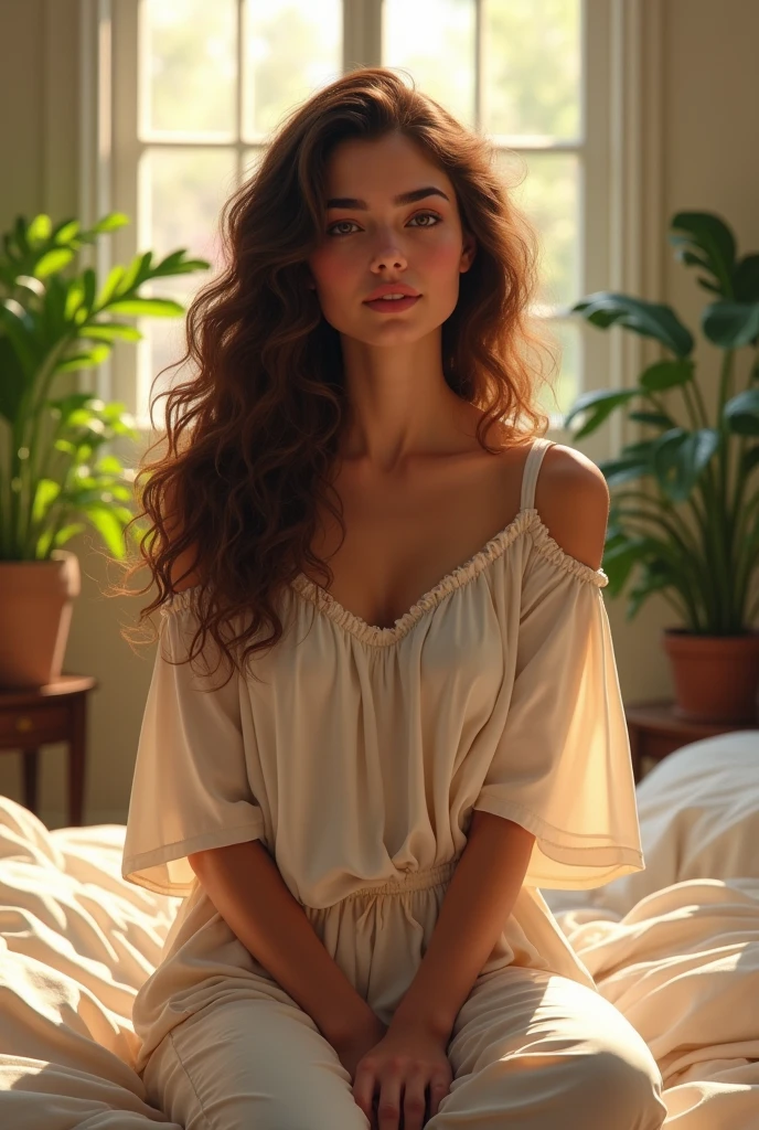 (photorealism:1.2), beautiful woman, sitting on bed, wearing loose off-shoulder top, pajama pants, long curly hair, indoors, soft lighting, plants in background, window with sunlight, cozy room, relaxed pose, realistic, intricate details, warm colors, by Greg Rutkowski, by Alphonse Mucha