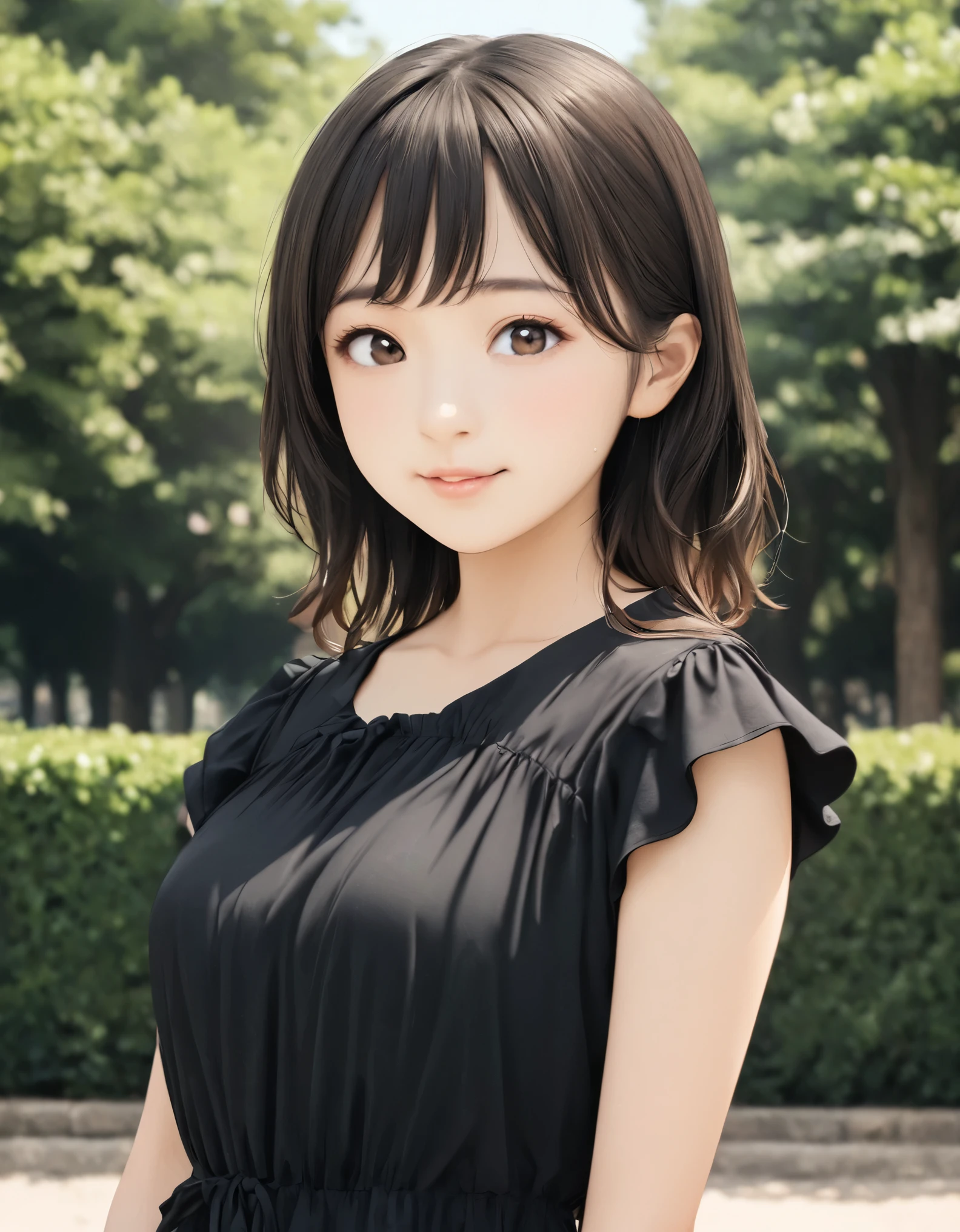 (best quality:1.2), 1girl, Ueno Park, summer, upper body shot, shoot from front