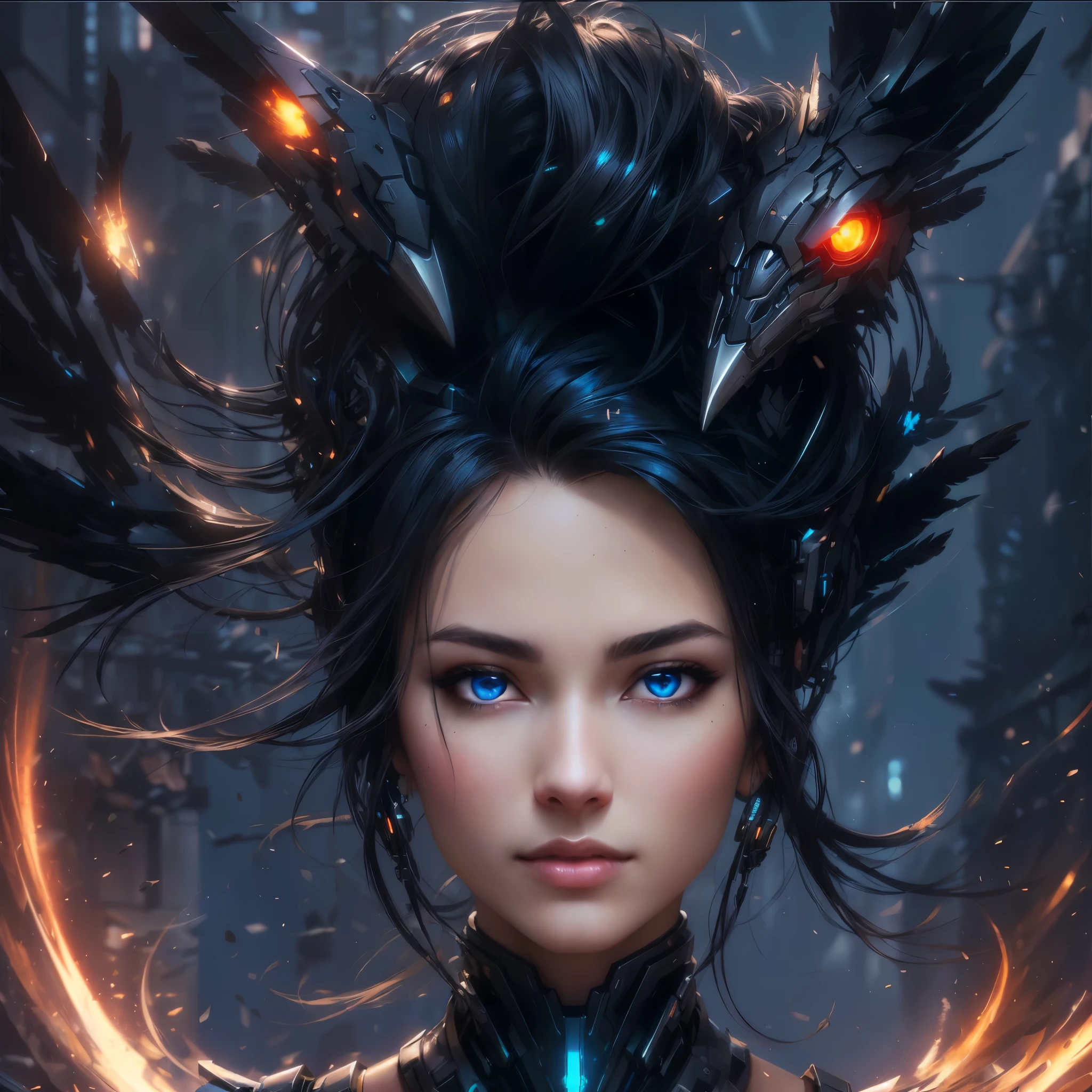 mecha raven style hairs, steel mechanical raven head with hairs, sci-fi, a close up of a woman - sci-FI  with a sci fiorer on her face, Mechanical raven IN HAIRS, glowing light feathers in hairs, fiol glowing eyes, hd , cinematic, cinematic light, dinamic, rossdraws portrait, fantasy concept art portrait, wojtek fus, rossdraws 2. 0, rossdraws 1. 0, rossdraws digital painting, epic fantasy digital art style, cgsociety portrait, rossdraws global illumination, :: rossdraws, alexandra fomina artstation