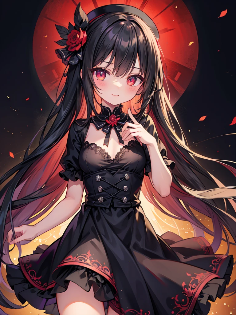 (masterpiece, Best quality, Very detailed CG, Intricate details: 1.2), 8k wallpaper, masterpiece, Best quality, Super Detail,Textured Skin, Very cute face，Ultra HD, Anatomically correct，Long black hair，Double tail，Crimson eyes，Loli，A malicious smile，Black top hat，Thin dress，Character Design，Simple background，Half-length figure