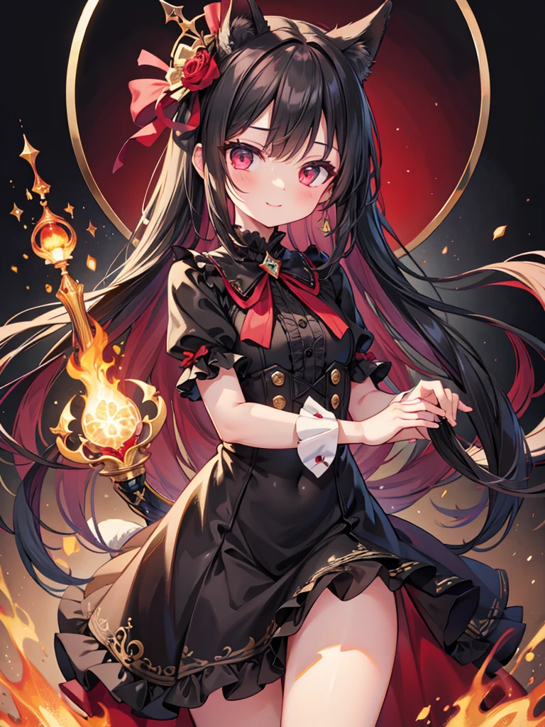 (masterpiece, Best quality, Very detailed CG, Intricate details: 1.2), 8k wallpaper, masterpiece, Best quality, Super Detail,Textured Skin, Very cute face，Ultra HD, Anatomically correct，Long black hair，Double tail，Crimson eyes，Loli，A malicious smile，Black top hat，Thin dress，Character Design，Simple background，Half-length figure