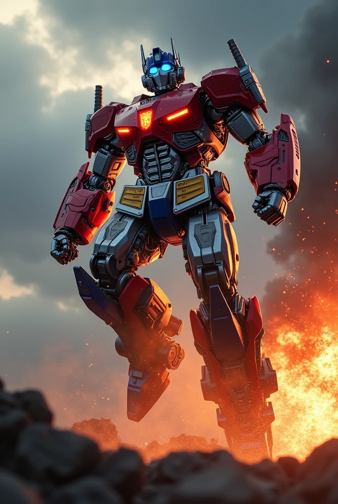 Dr doom . Doomdays. Batman iron man. Superman. Ultraman Red white armor. Mediva concept. Samurai Optimus Prime, robot warrior, leaping against dark cloudy sky, intense battle background, dynamic explosion effects, cinematic lighting, highly detailed, 8K, (best quality,4k,8k,highres,masterpiece:1.2),ultra-detailed,(realistic,photorealistic,photo-realistic:1.37),epic action scene,dramatic pose,intricate mechanical design,glowing energy,sparks,dust,devastation,cinematic angle,dramatic lighting
