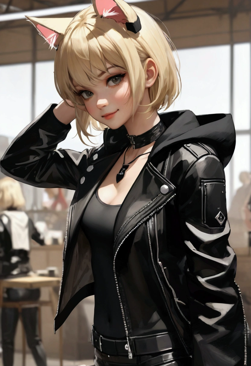masterpiece, (best quality:1.2),(Ashley Wood Style:1.2),(Nick Vicesi Style:0.6), (Clear focus:1.2),, 1 girl, Slim girl,, (Blonde|Light_hair), Cat ears,, young|Cute face, blush, Smile,, natural breast, Thin arms,, Black tight leather jacket, Black necklace,, indoor,Very detailed CG, 8k wallpaper,