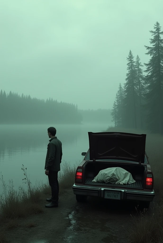 The image you describe is a scene from Silent Hill 2, where James Sunderland stands in a lake, with his car parked at the water's edge. In the trunk of the car, There is the corpse of his wife Mary, wrapped in a white sheet. James is standing next to the car, with an expression of sadness and despair on his face.
The lake is calm, with the water reflecting the grey and gloomy sky. There are trees and vegetation around the lake., which gives a gloomy and melancholic atmosphere to the scene.
James is dressed in his usual game attire, a white shirt and black pants, and has a lost look on the horizon. The car is an old sedan, with a worn and rusty appearance.
The atmosphere of the scene is gloomy and sad., with a sense of despair and resignation. The image conveys the feeling that James has reached the end of his road and has decided to join Mary in death..
Details:
- Characters: James Sunderland and Mary's Corpse - Scenario: A calm lake with vegetation around - Vehicle: An old sedan with an open trunk - Atmosphere: Gloomy and sad, with a grey sky - Accessories: A white sheet wrapped around Mary's corpse