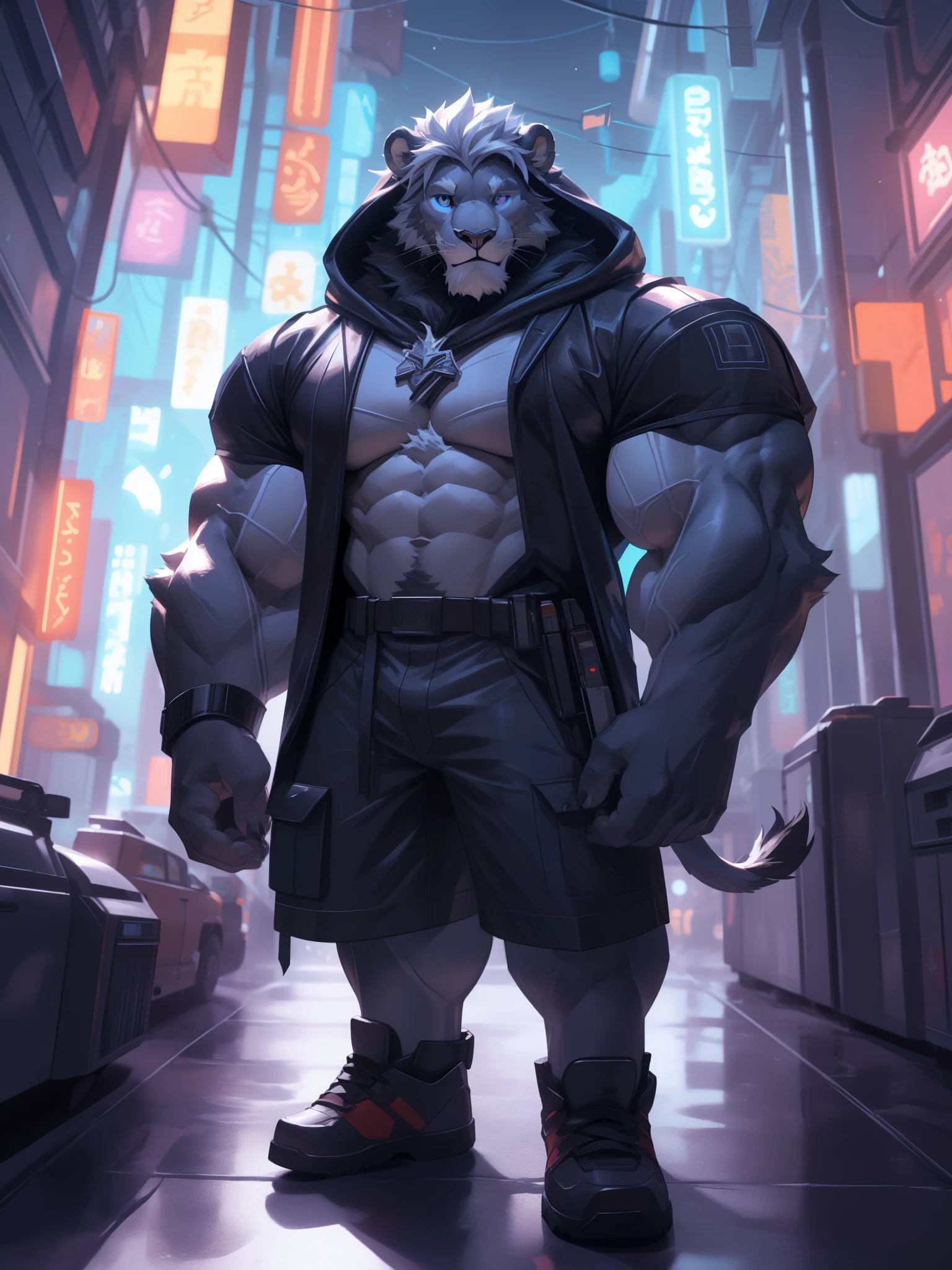 Solo, 1boy, perfect anatomy, lion, furry lion, perfect proportion, (cyberpunk style, hood, black cloak, neon lights), perfect center, sharp eyes, big eyes, peaceful, eyes, halo, (smile, happiness), calm, perfect fingers, big hand, fingers. Huge Muscular Old man with short hair, shoes, (cargo shorts), view from side, pectoral, thick arms, huge pectoral, wide pectoral, white hair, white beards, simple background, masterpiece, semirealistic:1.2, high detailed, 8k, high resolution, perfect center, full view. ((really big muscle, massive muscular, sixpack, thick arms, wide pectoral, super huge muscle, hyper muscular, over sized muscle, huge arms, big arms, huge pectoral))