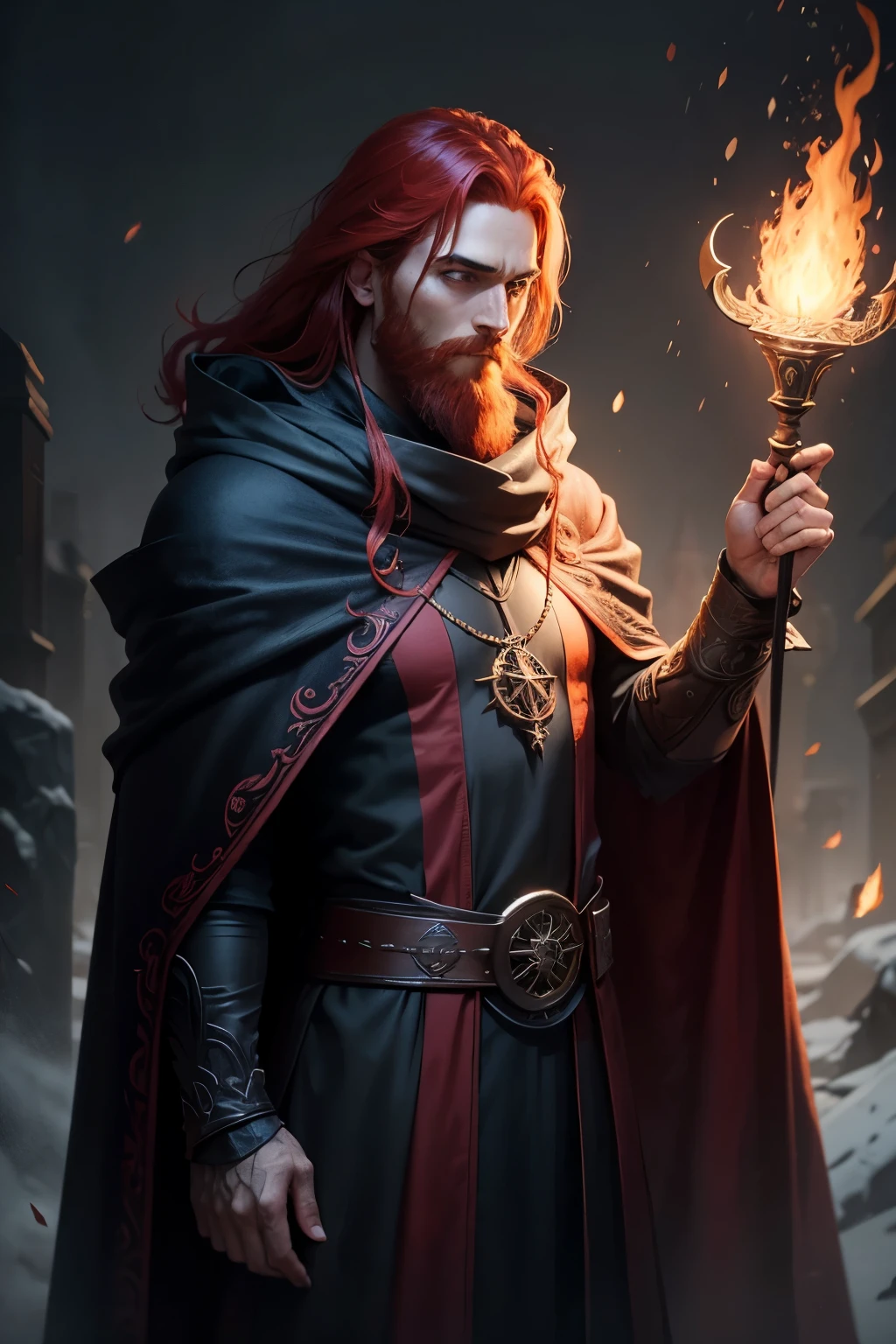 an mage with a red hair and with a dark cloak and long beard, staff, dark sorcerer, night, dark environment, darkness, fog, blood
