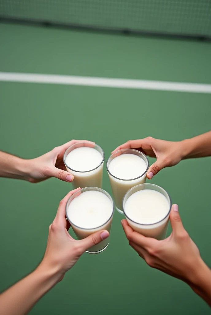 Tennis court background，Several people hold square boxes of milk and raise their glasses together，Photography