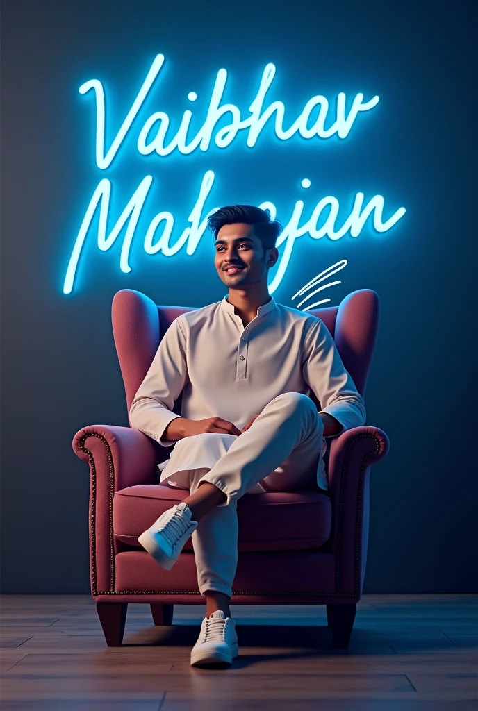 Create a stunning 3D profile picture where a young man (around 20 years old) with a charming smile sits casually on a velvet wingback chair. Dressed in a crisp kurta and white sneakers, he gazes confidently into the distance. Behind him, a vibrant blue neon sign spells out "Vaibhav Mahajan BJYM VICE-PRESIDENT" in a bold, futuristic font against a deep charcoal wall. The scene is bathed in a warm, ethereal glow, highlighting his angelic presence with subtle, feathery wings.