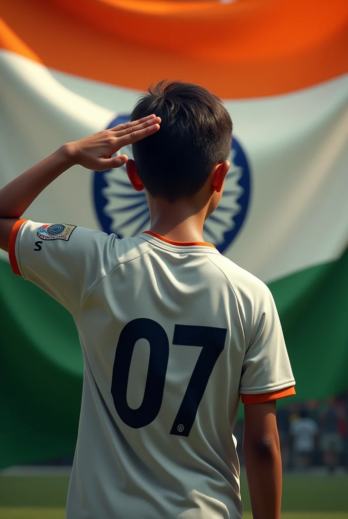 (photorealism:1.2),
Make a photo in which a boy is saluting facing the tricolor and his jersey number will be along with it, the name of the jersey will vaish and the tricolor will be in front, in the background it will be vaish and the tricolor will be there Jersey in independent Dey printed and Jersey number 07 back ground name vaish