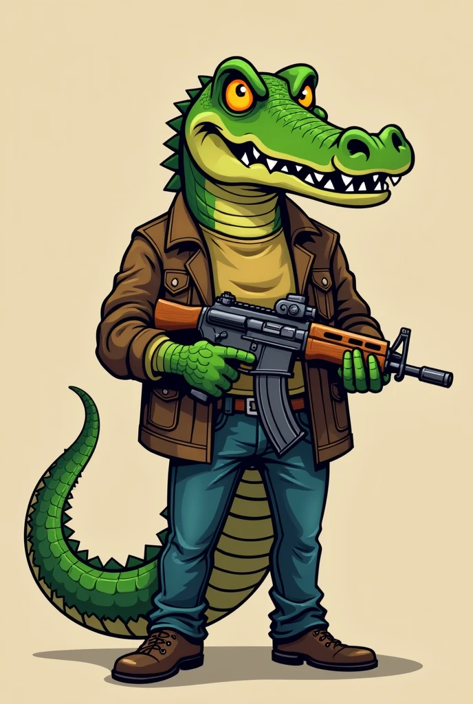 Cartoon of a man with a crocodile head holding a gun