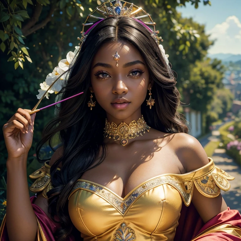 (masterpiece, best quality:1.5), highest quality, High resolution, super detailed, Realists, Upper body photo of a black princess, black skin, detailed and beautiful eyes, beautiful detailed lips, very detailed eyes and face, longeyelashes, Archer in shiny satin dress, Simple details in the fabric. Beautiful and colorful makeup, open hair, Gardens as background, bright daylight, bright colors, fine brushstrokes, Portrait style, beautiful color palette, glowing skin, First-class rendering, that captures every detail, enchanting atmosphere, (perfect anatomy:1.2), (The stunning princess holds a bow. (magnificent panorama view:1.2)