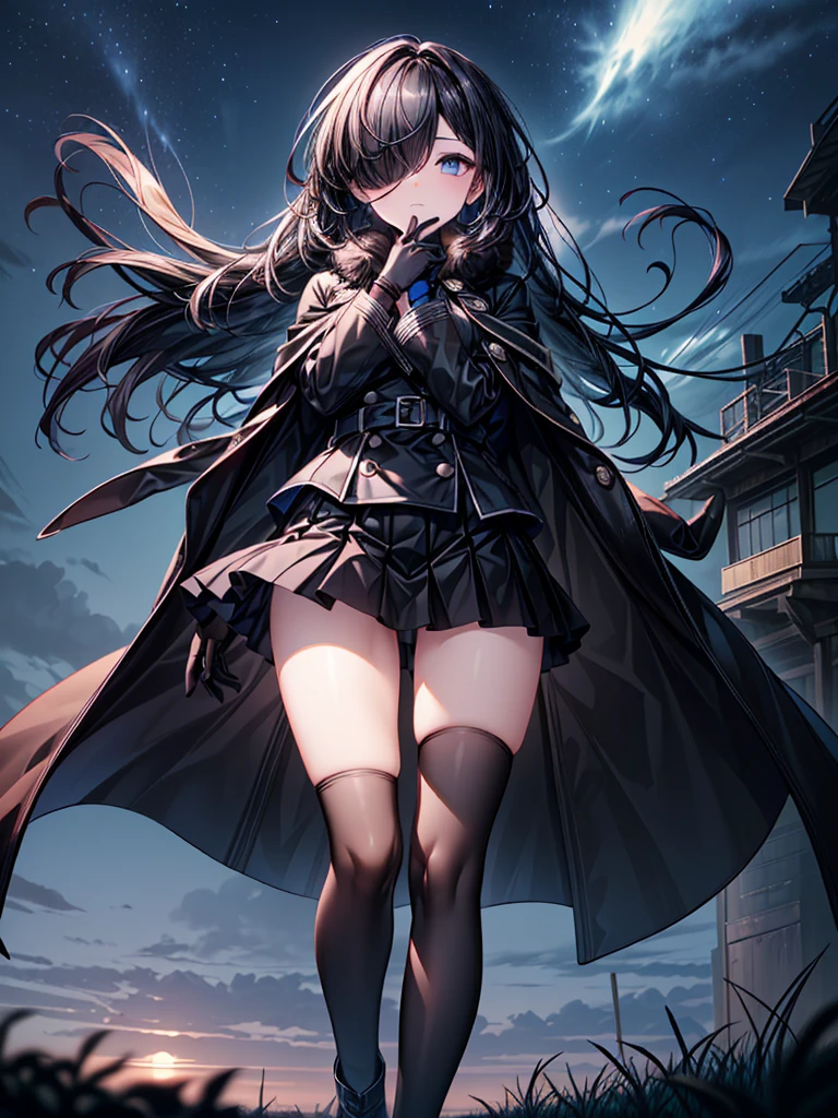 ((Oriental Project)),((masterpiece)),((Highest quality)),((Fascinating)),((alone)),((Deep blue pupils)),((Looking up at the night view from the top of the hill)),((Beautiful Blue Eyes)),((Wearing a black coat)),((Wearing a black mini skirt,She is wearing black tights under her skirt)),((Slim body)),((length, Shiny black hair)),((Her left eye is completely hidden by her bangs)),((Her hair is parted, and you can see her eyes through it)),((Wearing black gloves)),((hair over one eye,long hair)),((Ruthless)),((Complex background)),((Hair blowing in the wind))