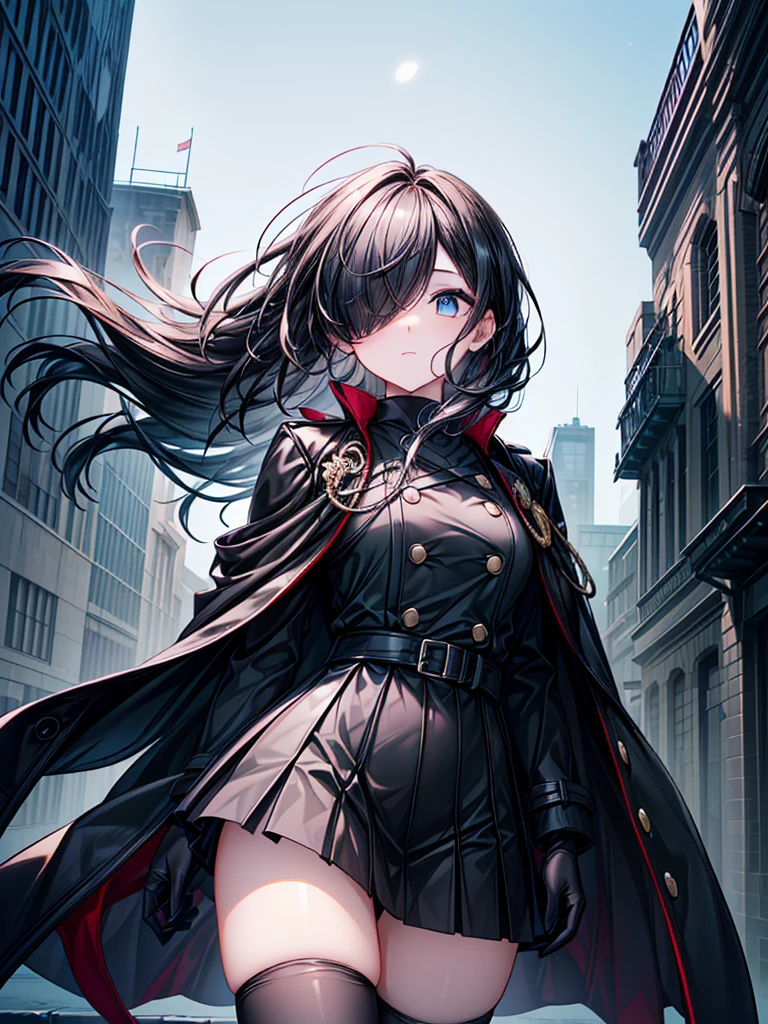 ((Oriental Project)),((masterpiece)),((Highest quality)),((Fascinating)),((alone)),((Deep blue pupils)),((Looking up at the night view from the top of the hill)),((Beautiful Blue Eyes)),((Wearing a black coat)),((Wearing a black mini skirt,She is wearing black tights under her skirt)),((Slim body)),((length, Shiny black hair)),((Her left eye is completely hidden by her bangs)),((Her hair is parted, and you can see her eyes through it)),((Wearing black gloves)),((hair over one eye,long hair)),((Ruthless)),((Complex background)),((Hair blowing in the wind))