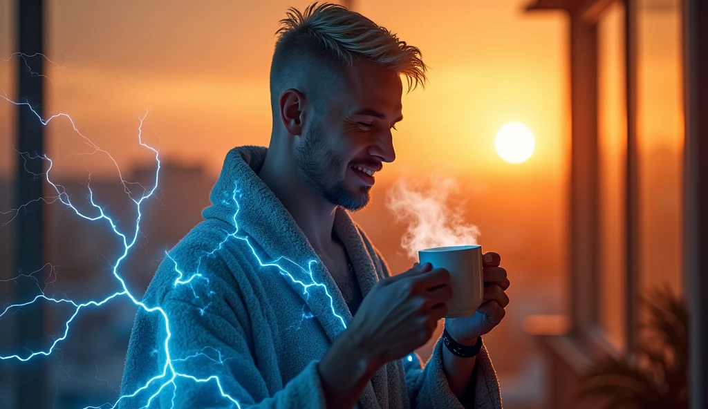high quality, 8K Ultra HD,(photorealism:1.2), real cyber style,Dutch angle,double exposure,digital magic style,Hyperdetailed,Hyperrealistic,Realism,RAW photography of a mysterious man wearing digital cyberpunk robe dress,blonde buzz-cut hair,goatee,blue lightnings,casting a mug of coffee,smiles,sleepy expressions,sunrise background,32k ultra fine detailed,cinematic,photo realistic,dynamic lighting,masterpiece,32k,high definition,smooth,ultra high definition,ultra sharp focus, intricate artwork masterpiece,text "Good Morning", realistic, intricate details, warm colors, by Greg Rutkowski, by Alphonse Mucha