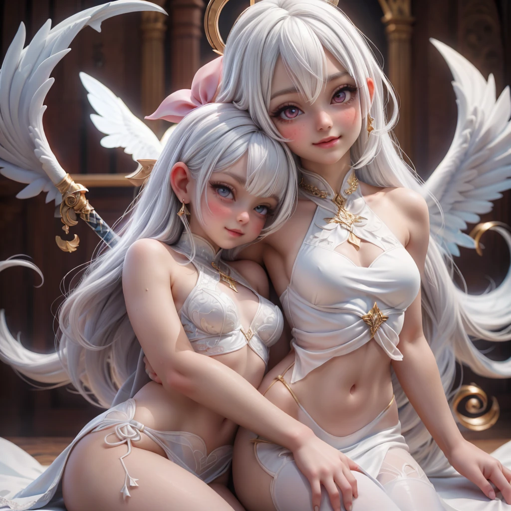 ariel, upper body portrait, two girls hugged,Kissing on the mouth, white hair, beautiful, cute arabian transparent Langerie, warrior,Asas de anjo, Flutuando no ar,usando joias em ouro em todo corpo, Coroa de Princesa na cabeça, midriff, fit, white hair,  desert background, realistic fantasy ,concept art, sexy, excited, gorgeous face,fully body, breasts small, smooth skin, Medium pink mouth, Linda, naturals .Transparent silk on clothes, 80% of the uncovered body,Cheeky smile.,Well-defined lips. 